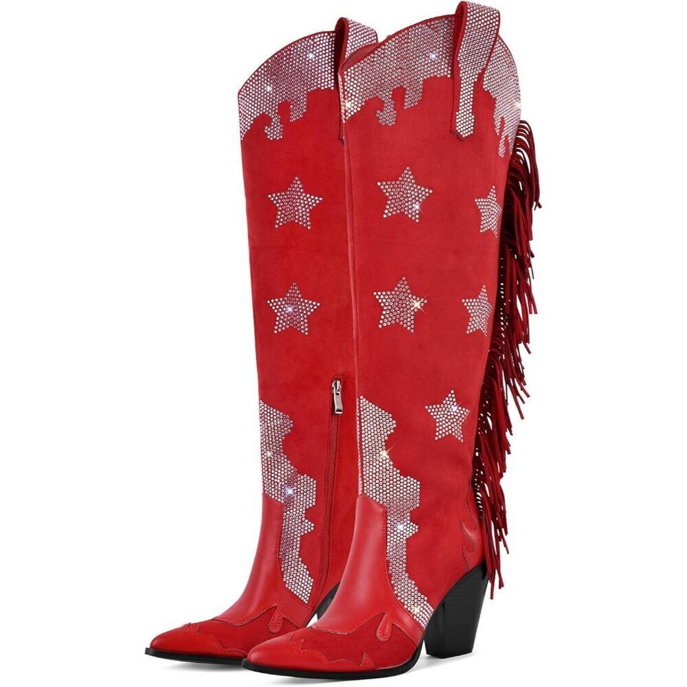 Women Faux Suede Red Rhinestone Embellished  Pointed Toe Knee High Western Boots